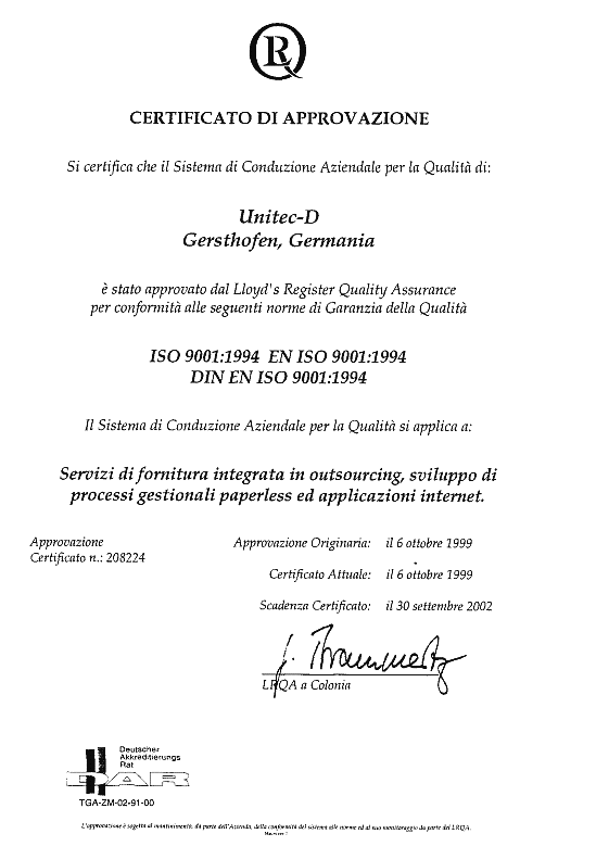 Certificazioni iso 9001 Unitec